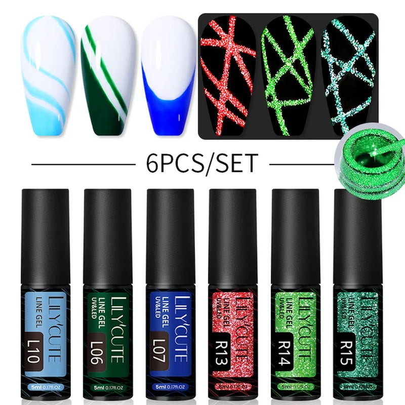 Colorful Reflective Glitter Nail Art Liner Gel Nail Kit Sparkling Painting Set 6pcs
