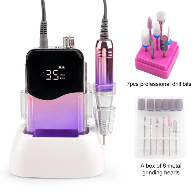 Portable Desktop Base Cordless Nail Drill Machine 35000RPM Rechargeable Manicure Electric Nail File Drill