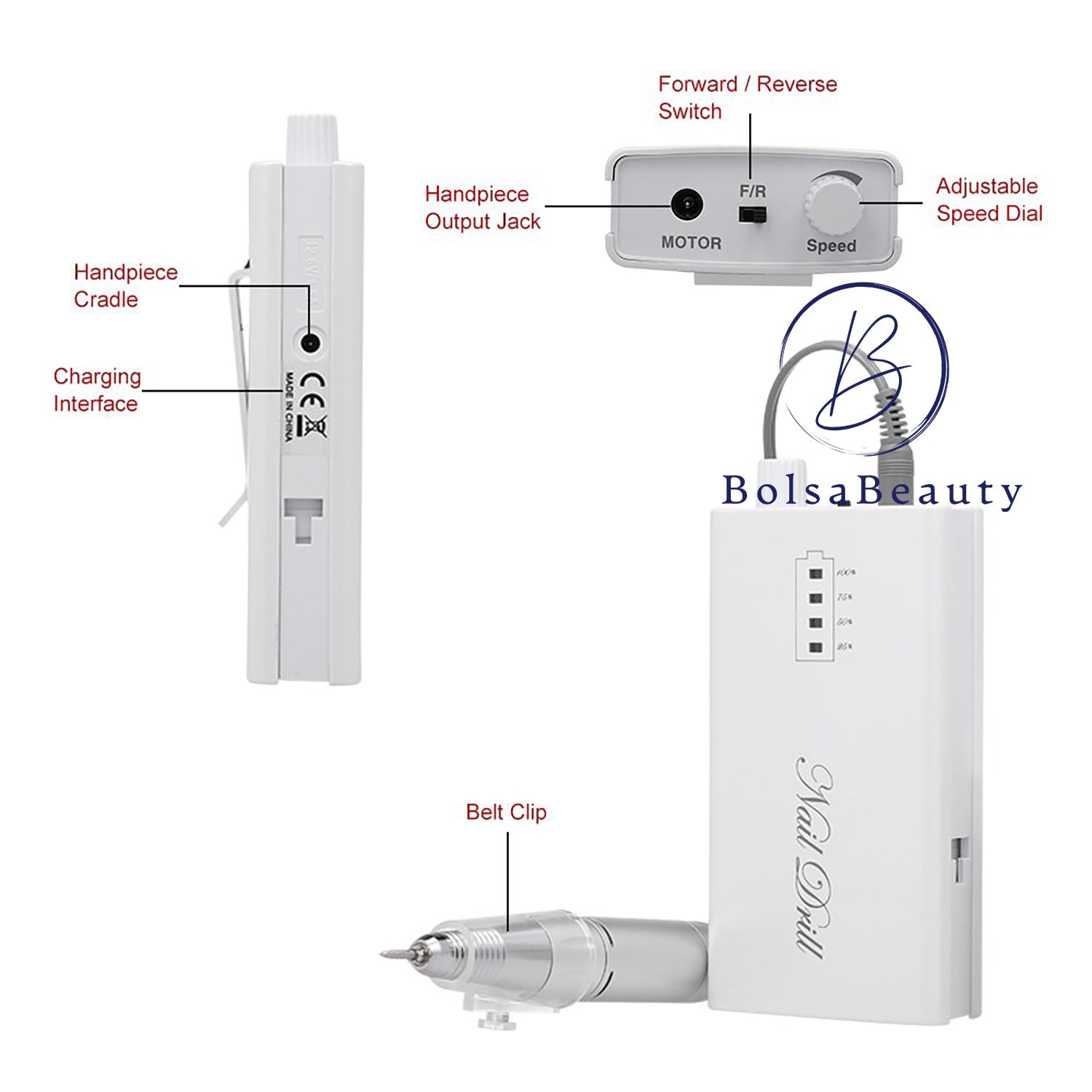 BolsaBeauty - Pro Nail Drill 30000RPM (White, Pink, Red)