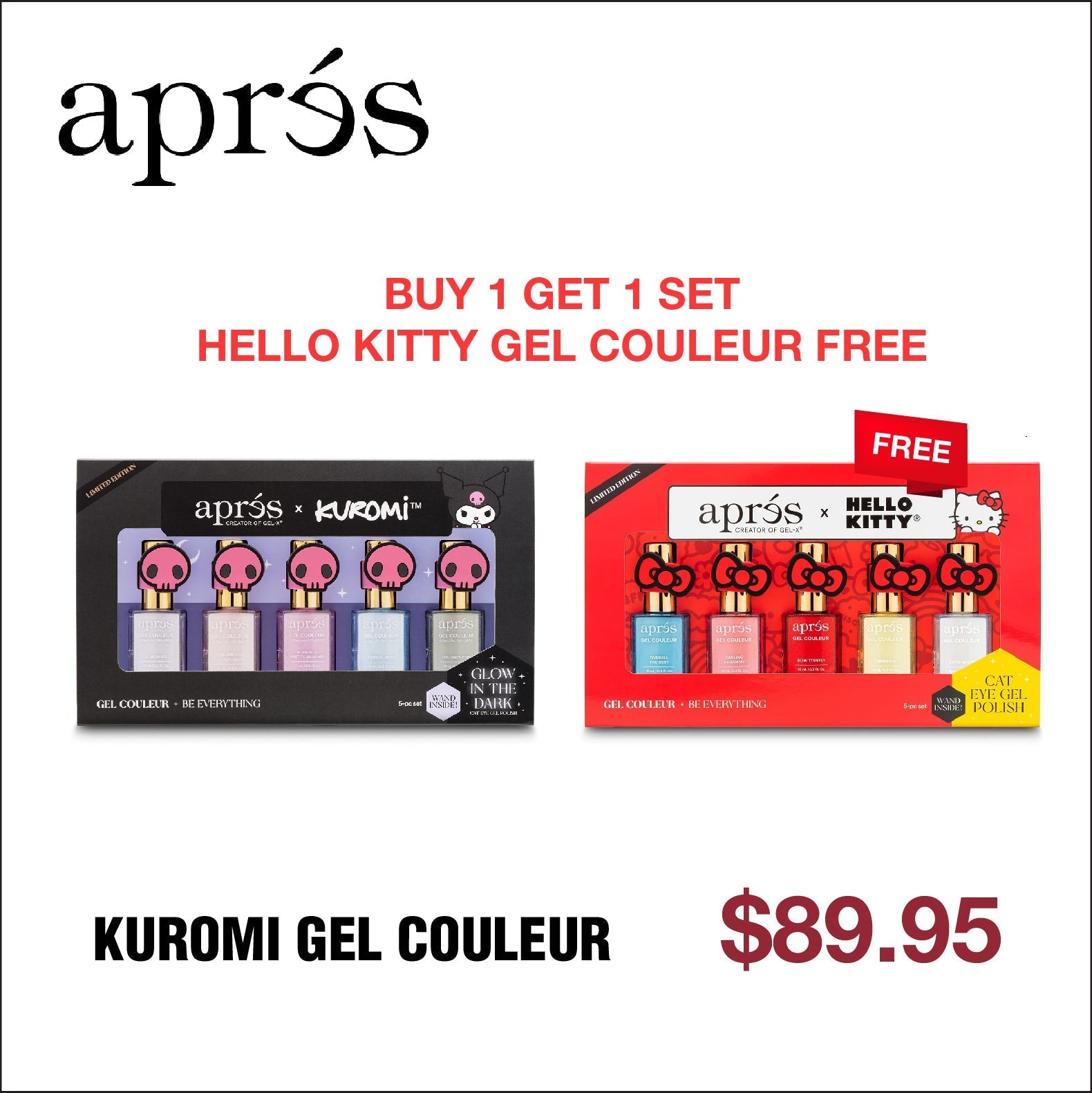 Apres x Kuromi - Caty Eye Gel Couleur 10ml (Set of 5) Buy 1 Get 1 Set Hello Kitty Gel Couleur