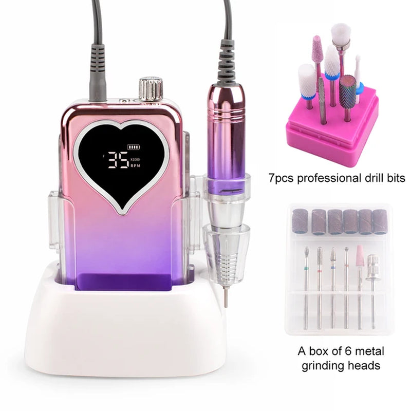Portable Desktop Base Cordless Nail Drill Machine 35000RPM Rechargeable Manicure Electric Nail File Drill