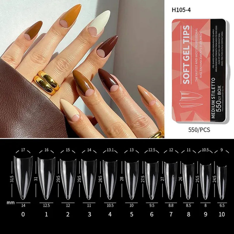 Artificial Nail Soft Gel Tips Clear Acrylic Long Fake Nails Capsules Almond French Coffin Full Half Cover Nail Tips