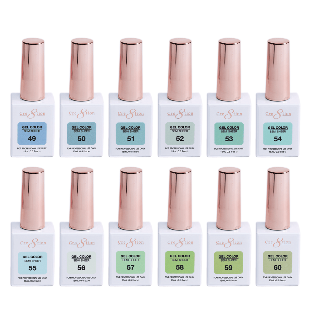 Cre8tion Hema Free Semi-Sheer Collection 0.5oz - Full Set 72 Colors w/ 1 Color Book & 1 Counter Color Chart