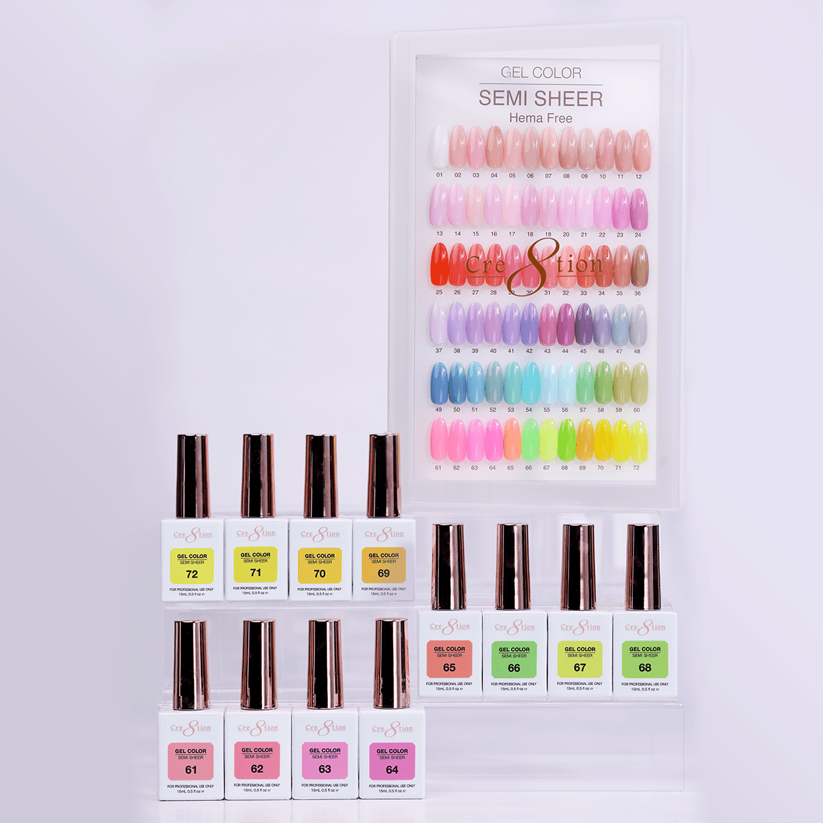 Cre8tion Hema Free Semi-Sheer Collection 0.5oz - Full Set 72 Colors w/ 1 Color Book & 1 Counter Color Chart