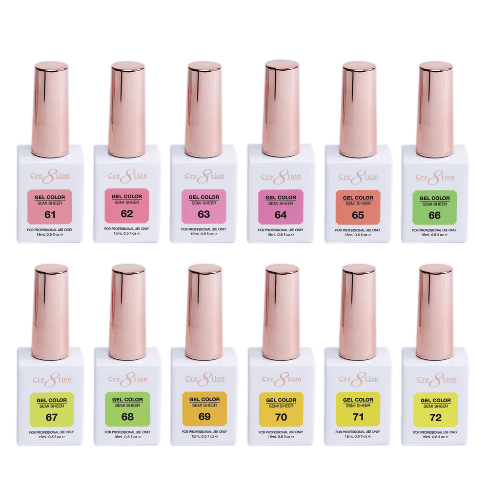 Cre8tion Hema Free Semi-Sheer Collection 0.5oz - Full Set 72 Colors w/ 1 Color Book & 1 Counter Color Chart