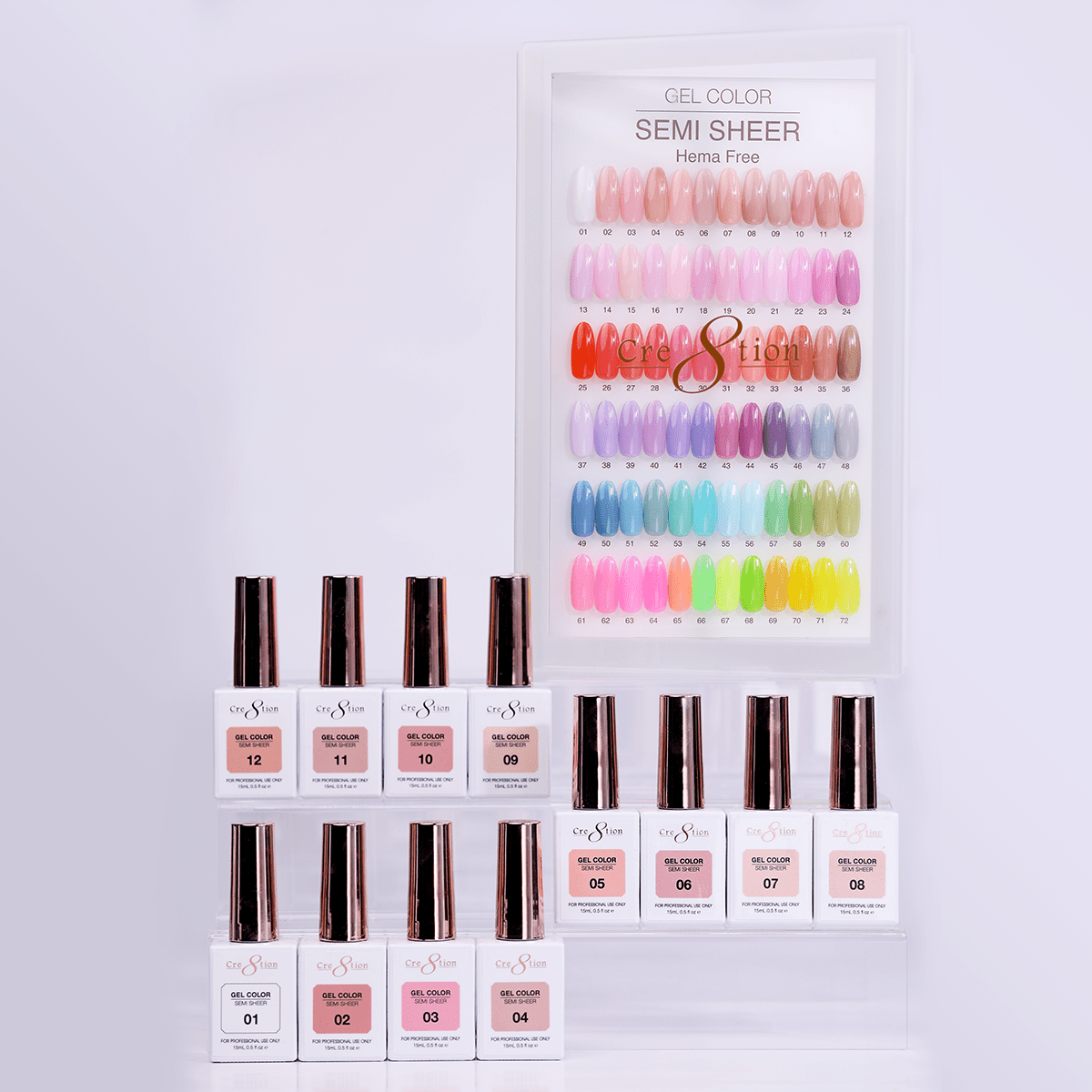 Cre8tion Hema Free Semi-Sheer Collection 0.5oz - Full Set 72 Colors w/ 1 Color Book & 1 Counter Color Chart