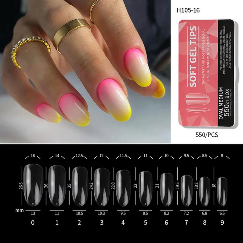 Artificial Nail Soft Gel Tips Clear Acrylic Long Fake Nails Capsules Almond French Coffin Full Half Cover Nail Tips