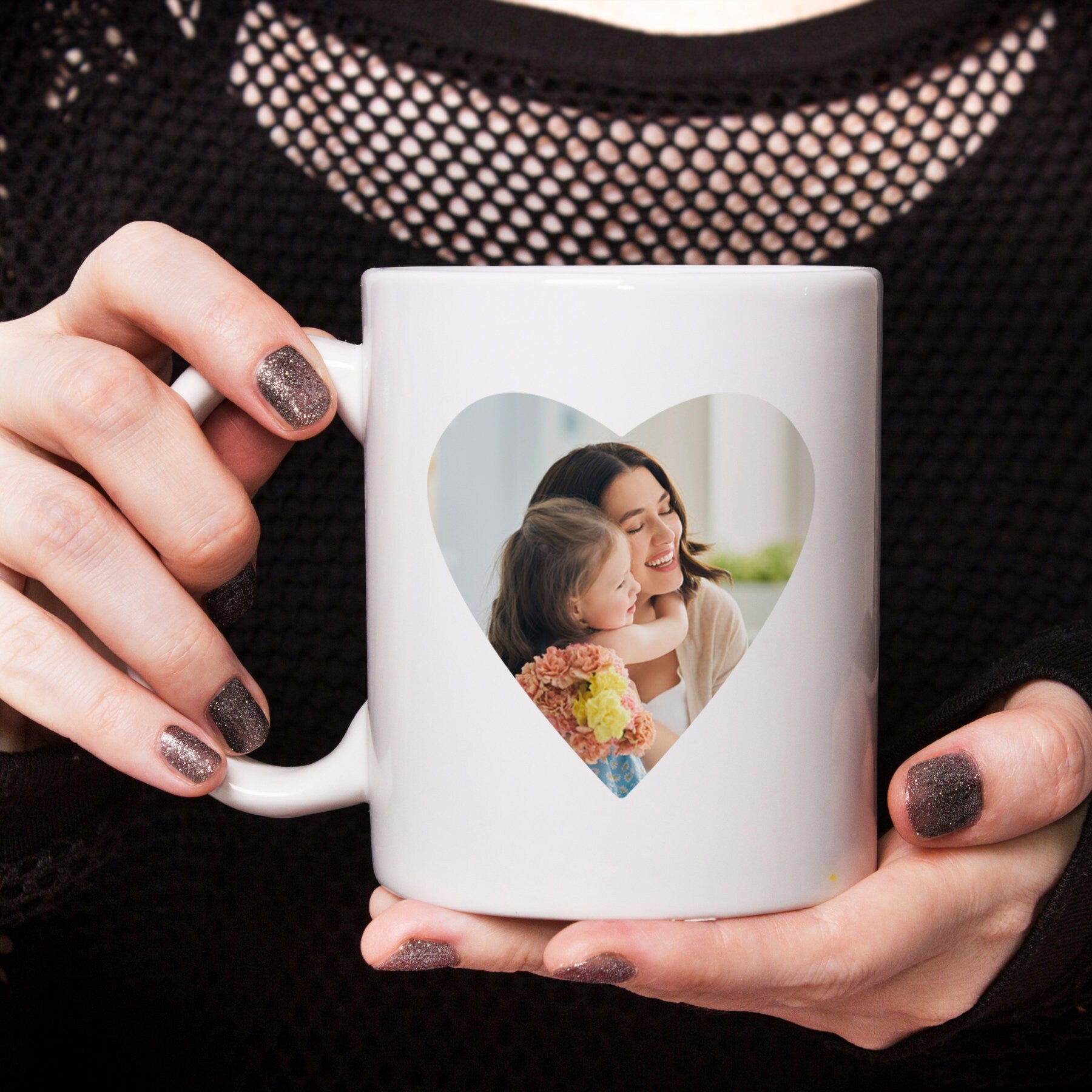 Personalized Custom Photo Coffee Mug with Heart Photo and Text For Mom Mama Mum Husband Dad Father Wife Her Him Grandma Family Birthday Gift