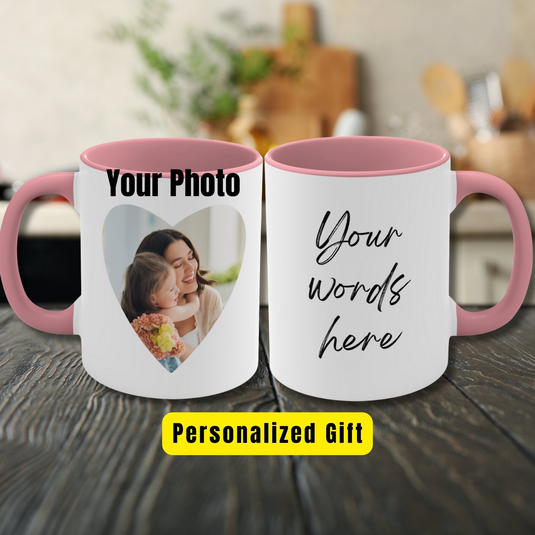 Personalized Custom Photo Coffee Mug with Heart Photo and Text For Mom Mama Mum Husband Dad Father Wife Her Him Grandma Family Birthday Gift