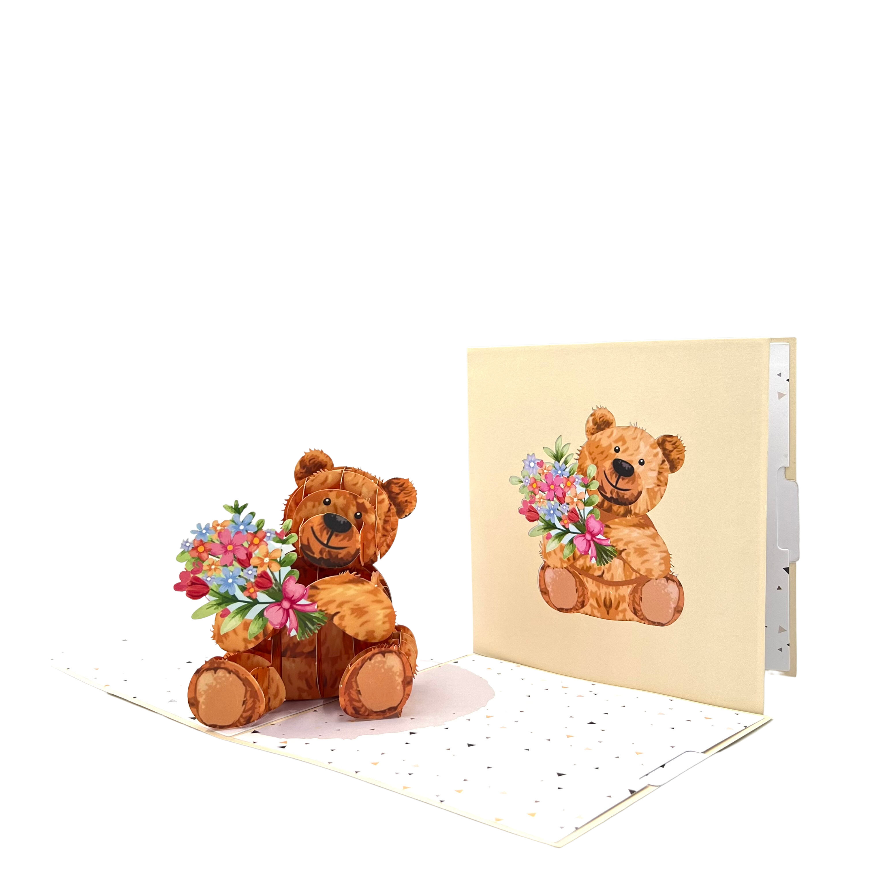 Pop Up Greeting Card - 3D Pop-Up Brown Teddy Bear holding Flowers