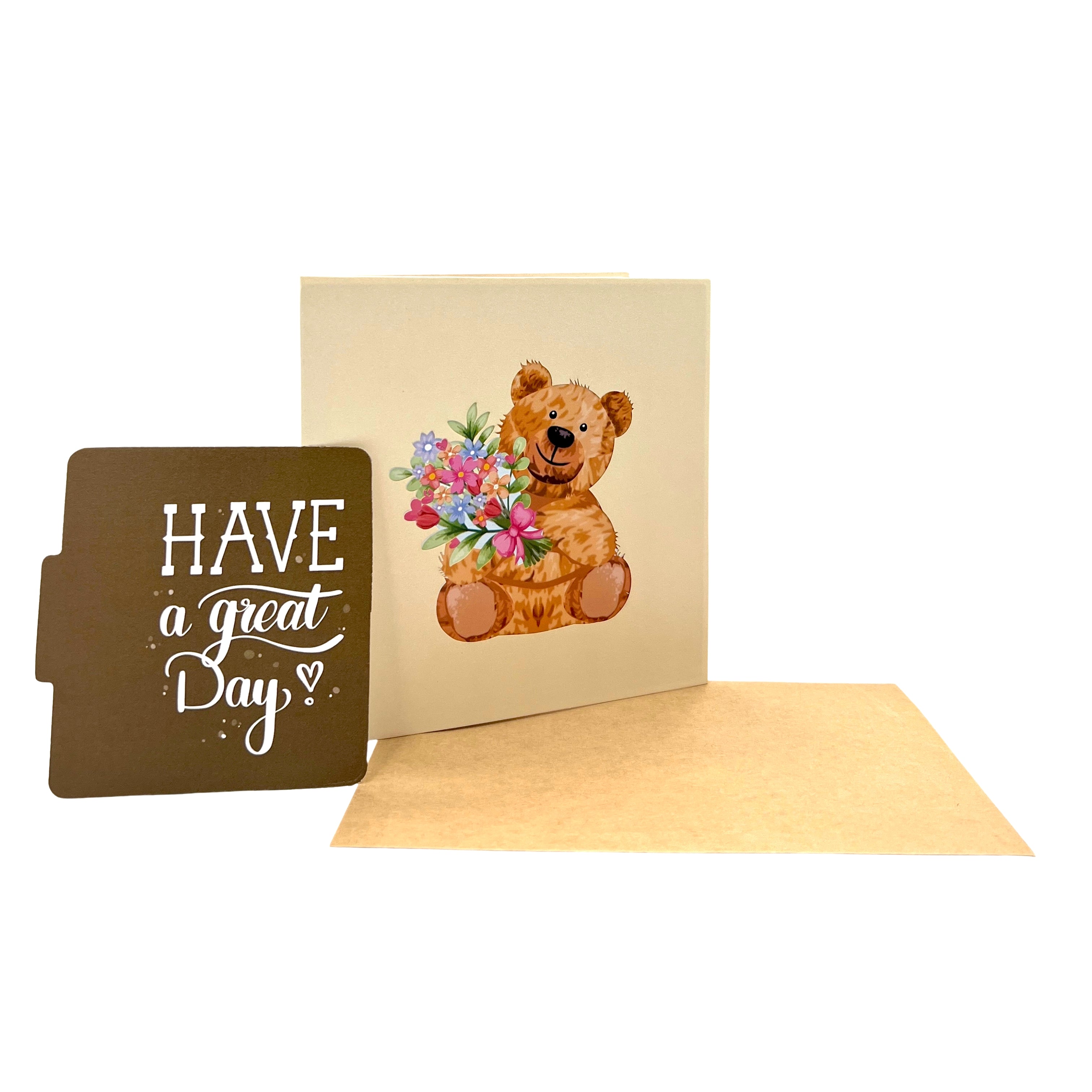 Pop Up Greeting Card Teddy Bear Hold Bouquet Flower Card Cartoon Animals Flower Birthday Thank You Card for Kid Mom Dad Family Friend Gift