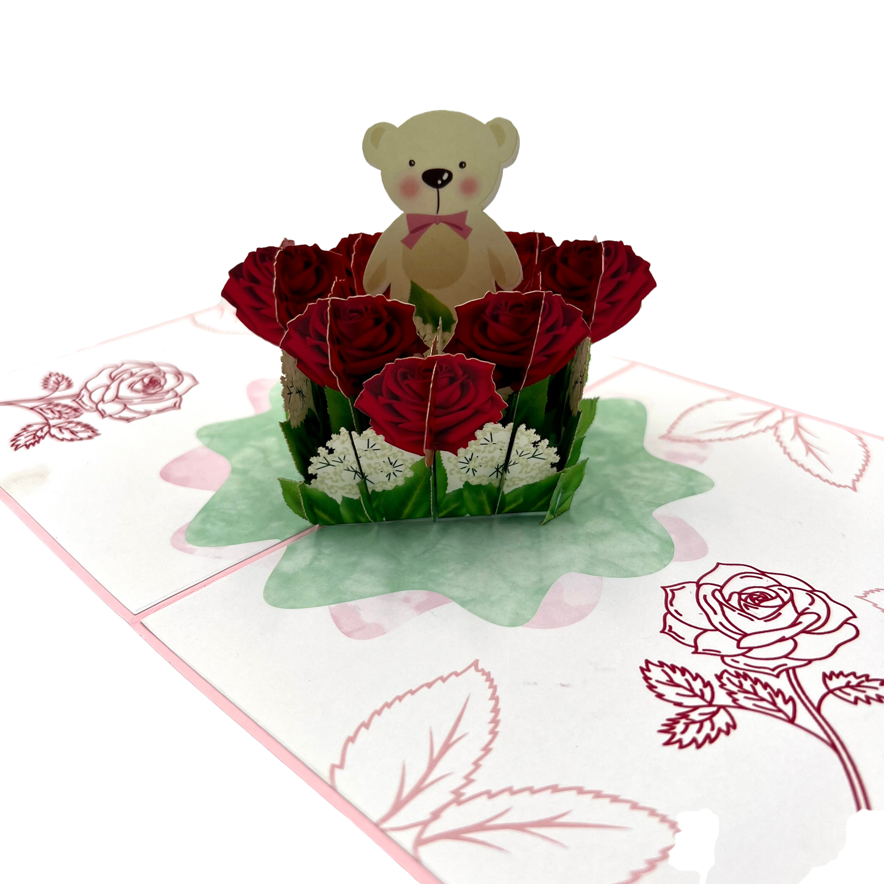 Pop Up Greeting Card Roses Teddy Bear Card, Birthday Card, Gift for Kid, Thank you Card, Animal Gift, Nature Gift, Flower Card, Mothers Day