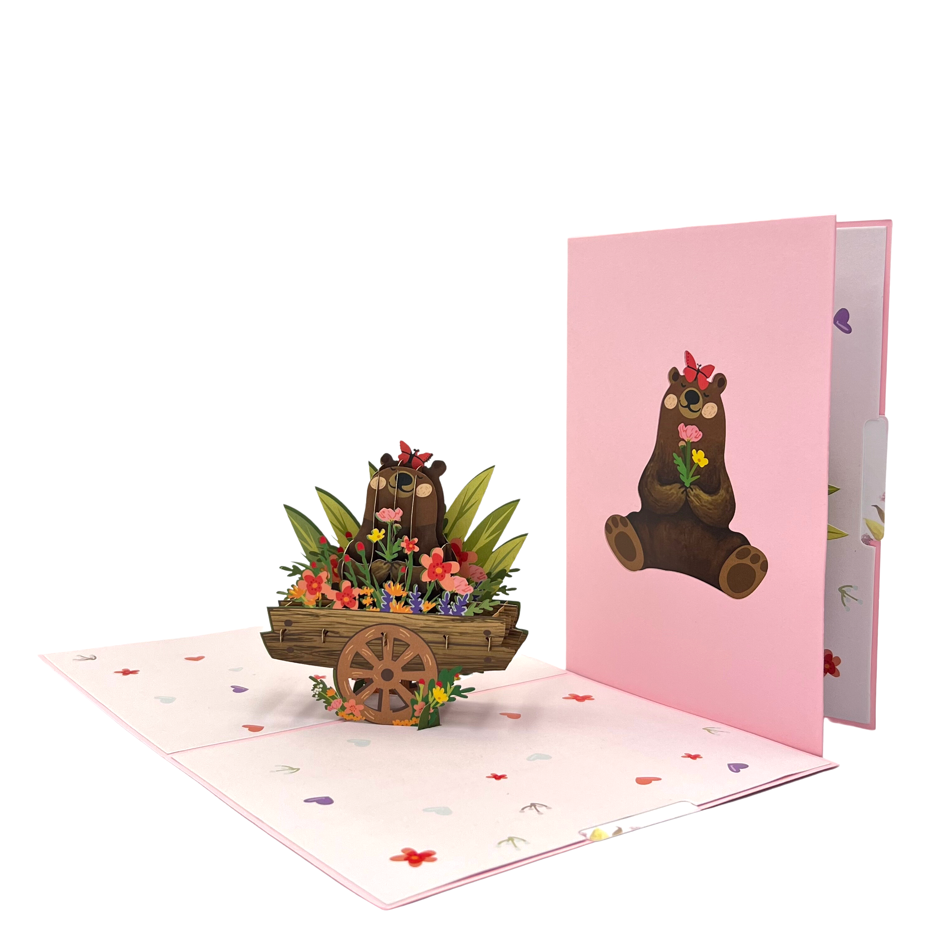 Pop Up Greeting Card Joyful Bear in Flower Gift Wooden Cart Nature Card Cartoon Card Birthday Thank You Gift Teddy Animal Botanic Garden