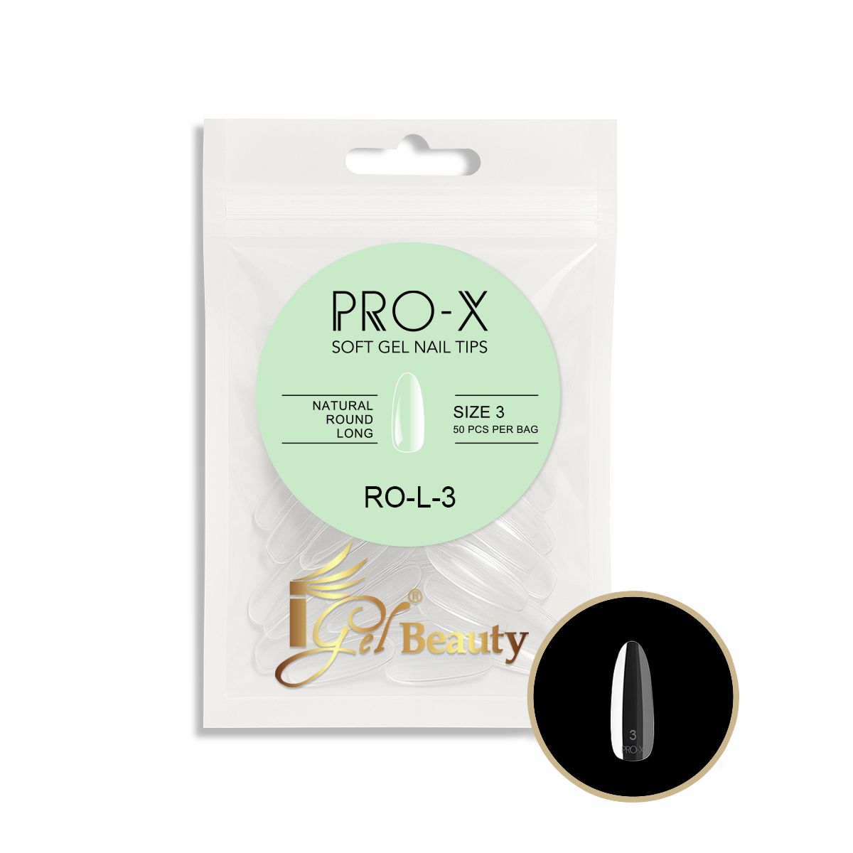 iGel PRO-X Soft Gel Nail Tips 24 - Natural Round Long Size 00-9 (Refill Bag)
