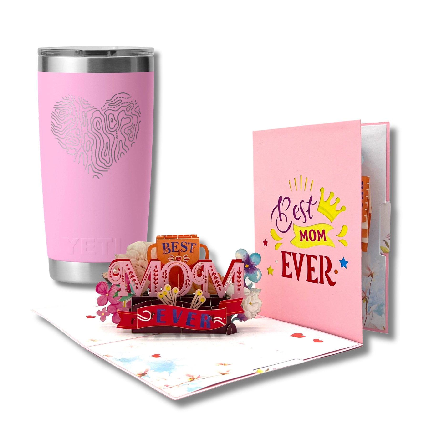 Yeti Best Mom Ever Gift Set for Mom on Mother's day, Pink customized YETI Rambler 20oz Tumbler plus a Pop Up 3D Greeting Card
